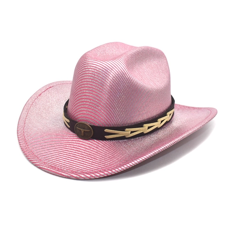 Western Cowboy Hat Metallic Glitter Shiny Wide Brim With Bull Head Buckle Decorative Belt Retro Party Style For Adults