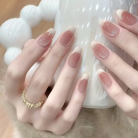 French Tip Press On Nägel Katzenauge Nude Pink Sargform Glänzende Elegante Künstliche Nägel Für Frauen Maniküre