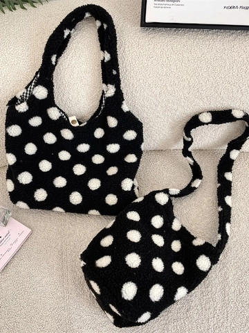 Dames Pluche Schoudertas Met Polka Dots Zachte Kunstbont Tote Bucket Handtas Winter Warm Street Style