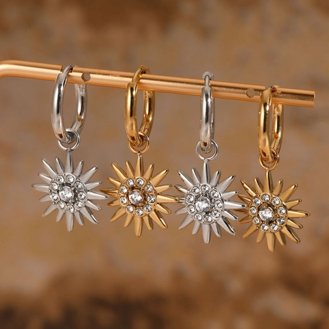 Sun Drop Hoop Earrings Stainless Steel Zircon Celestial Double Sided PVD Gold Plated Waterproof Hypoallergenic Fashion Women