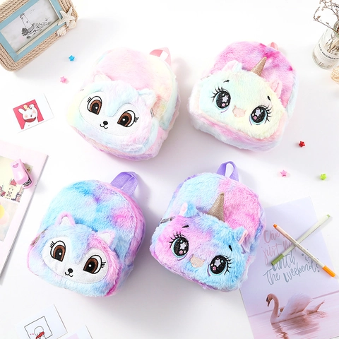 Kids Plush Backpack Cute Cartoon Unicorn Fox Tie Dye Furry School Bag For Girls Toddler Small Travel Rucksack