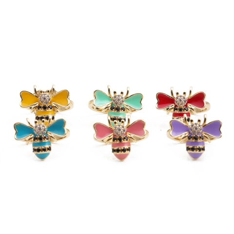 Enamel Bee Ring 18K Gold Plated Copper Micro Pave Zircon Adjustable Animal Shape Fashion Women