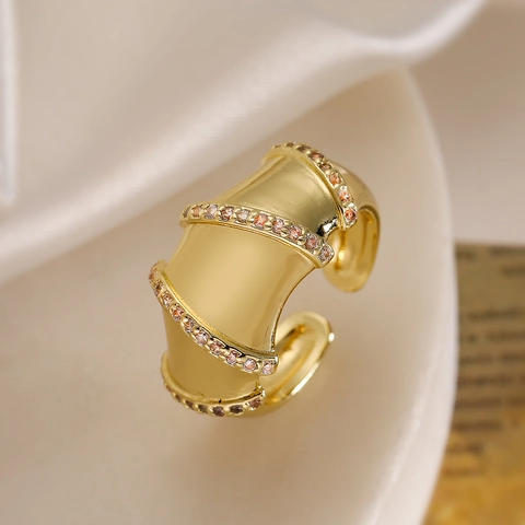 Women Vintage Minimalist Copper Ring With 18K Gold Plated Zirconia Geometric Adjustable Opening Wide Band Statement Ring Jewelry