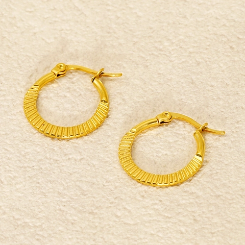 Pleated Texture Hoop Earrings 18K Gold Plated Stainless Steel Radiating Grooved Round Geometric Jewelry For Women