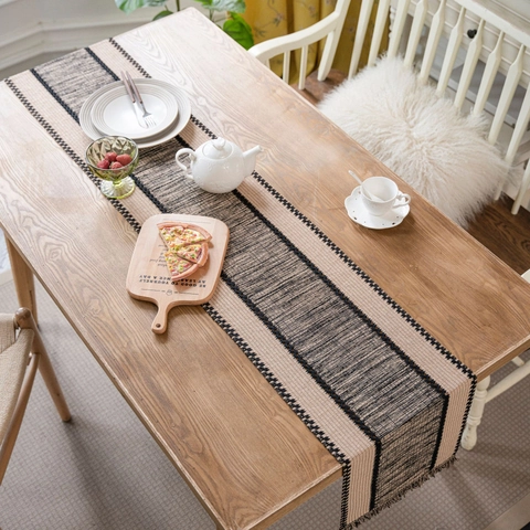 Table Runner Woven Jute Cotton Splicing Contrast Color Boho Style With Tassels For Dining Room Home Decoration