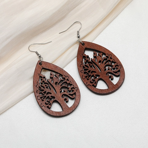 Wooden Earrings Bohemian Hollow Out Tree Of Life Geometric Teardrop Leaf Dangle Drop Jewelry For Women Vintage Aesthetic