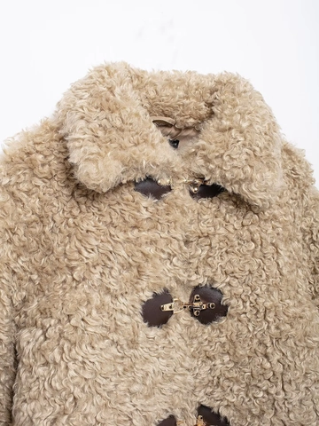 Women Vintage Lamb Wool Jacket Faux Fur Coat With Leather Buckle Lapel Long Sleeve Warm Short Outwear Apricot