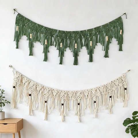 Macrame Wandbehang Baumwollseil Wandteppich Mit Holzperlen Quaste Böhmischen Stil Haus Deko Für Schlafzimmer Wohnzimmer