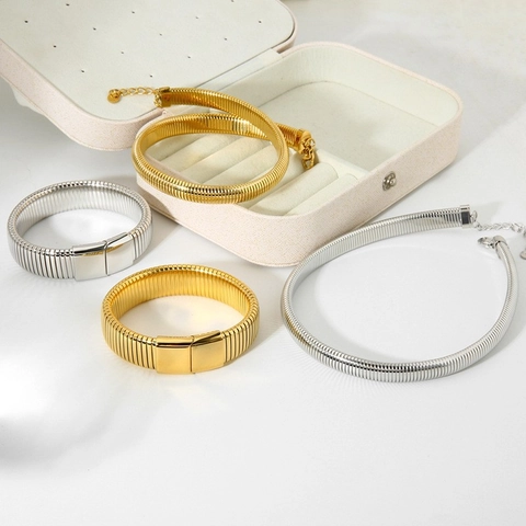 Conjunto de Collar y Pulsera de Cadena de Serpiente de Acero Inoxidable Minimalista Dorado Plateado Joyería Hip Hop Punk Mujer