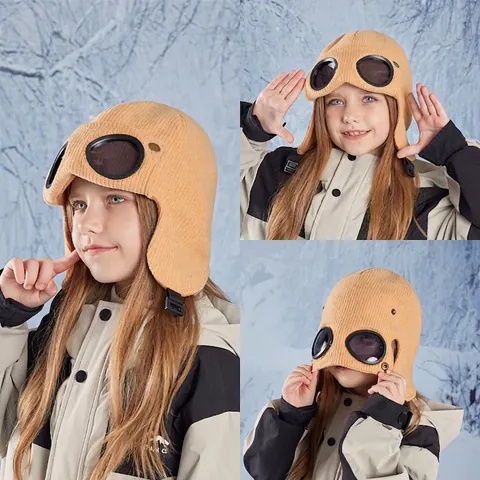Chapeau Aviateur Enfant Tricot Doublure Polaire Hiver Chaud Coupe-Vent Protection Oreilles Lunettes Style Pilote Garçons Filles