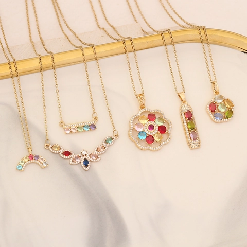 Collana Pendente Fiore Zircone Colorato Acciaio Inossidabile Rame Gioielli Moda Catena Clavicola Per Donne Accessorio Elegante