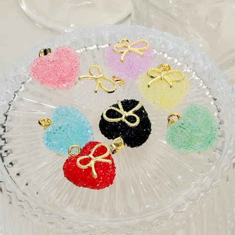 Dijes En Forma De Corazón Para Creación De Joyas DIY Resina Textura Azúcar Decorativo Con Lazo Dorado Y Anillo De Aleación