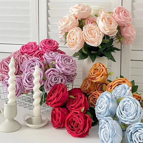 Artificial Rose Bouquet Satin Flower Realistic Floral Decor For Home Wedding Photography Prop Elegant
