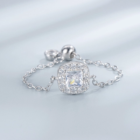 S925 Sterling Silver Square Rhinestone Chain Ring Adjustable Pink White Stone Ring Earrings Necklace Bracelet Jewelry Set For Women