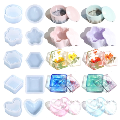 Silicone Mold For DIY Storage Box Resin Casting Jewelry Organizer Case Heart Square Hexagon Shapes With Lid