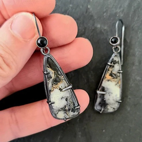 Vintage Druppel Oorbellen Met Natuursteen Textuur Geoxideerd Zilver Metaal Bohemian Stijl Sieraden Voor Dames