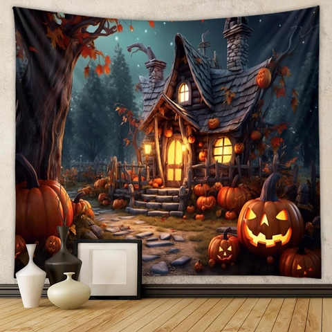 Arazzo Di Halloween Da Parete Poliestere Stampato Casa Stregata Zucca Fantasma Scheletro Decorazione Sfondo Festa