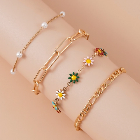 Zoete Legering Emaille Madeliefje Zonnebloem Hanger Armband Enkelbandje Set Goud Kunstparel Meerlagige Ketting Sieraden Vrouwen
