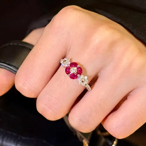 Anillo Abierto Ajustable Forma De Flor Cobre Incrustado Circonita Roja Blanca Geométrica Estilo Palacio Vintage Joyería Mujeres
