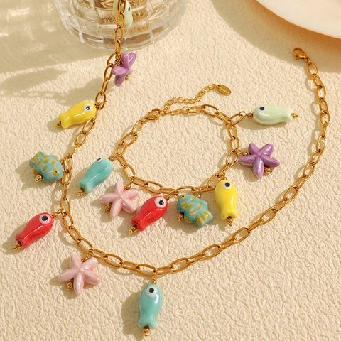 Titanium Steel Ocean Theme Jewelry With Colorful Ceramic Fish Starfish Pendant Necklace And Bracelet For Women Fashion