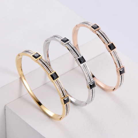 Geometric Bangle 316 Roestvrij Staal Zwarte Steen Strass Scharniersluiting Minimalistische Sieraden Voor Vrouwen