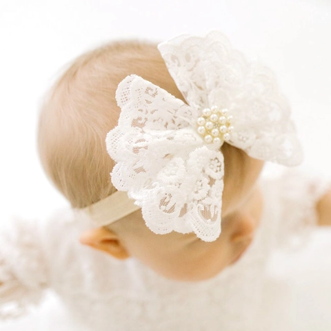 Baby Girls Headband Large Lace Bow With Artificial Pearls Rhinestones Stretchy Elastic Hair Band Infant Princess Hair Accessories