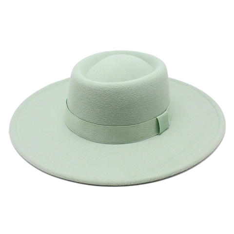 Vintage Flat Top Woolen Felt Boater Hat Wide Brim Solid Color Fedora With Ribbon Band Autumn Winter Warm Headwear