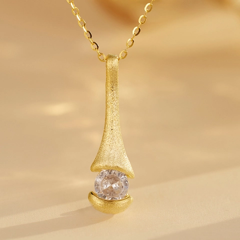 French Retro 925 Sterling Silver Necklace For Women Frosted Brushed Long Pendant With Round Zircon Minimalist Jewelry