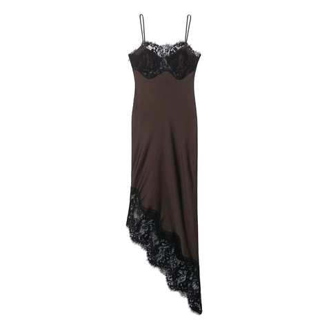 Satin Cami Dress Lace Patchwork Irregular Hem Deep Brown Spaghetti Strap Chic Evening Party Wear Sleeveless For Women
