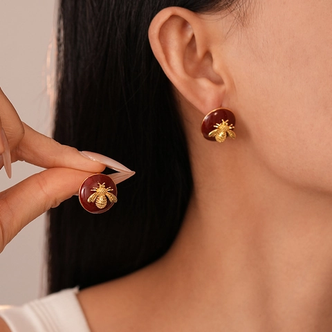Vintage Round Enamel Stud Earrings With 3D Bee And 925 Sterling Silver Earring Post Retro Small Jewelry For Women