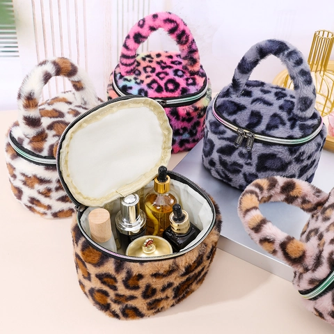 Portable Plush Leopard Print Cylindrical Cosmetic Bag For Women Fashion Soft Faux Fur Travel Makeup Storage Handheld Zipper Pouch