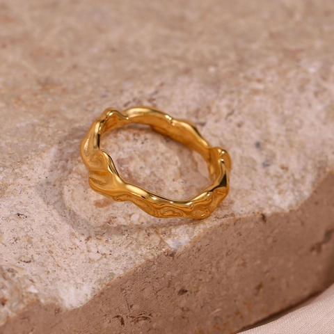 Irregular Wave Stainless Steel Ring Gold Plated Textured Minimalist Simple Jewelry For Women Light Luxury