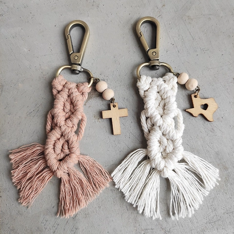 Portachiavi Intrecciato In Macramé Con Perle Di Legno Nappa Ciondolo In Filo Di Cotone Accessorio Vintage Boho Per Borse