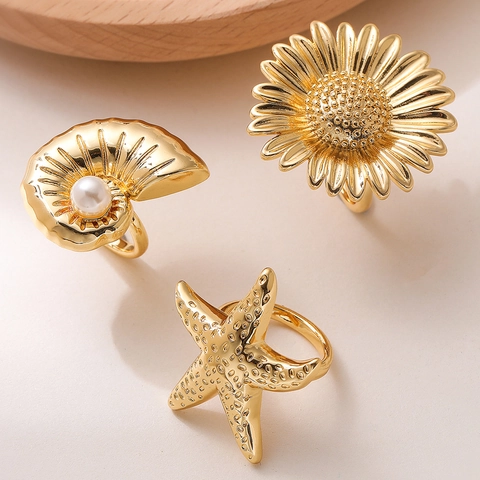 Minimalist Copper Open Ring for Women Featuring Starfish Seashell and Sunflower Designs Gold Plated Geometric Fashion Ring with Artificial Pearl Jewelry
