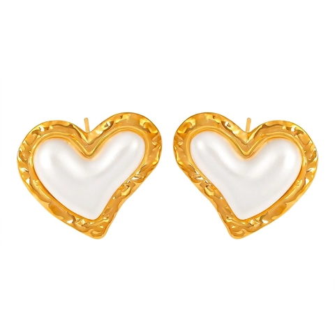 Pendientes de Botón de Corazón de Acero de Titanio Vintage Francés Chapados en Oro de 18K PVD Perla Artificial Texturizada Mujer