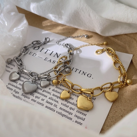 Double Layer Heart Pendant Bracelet Stainless Steel Gold Silver Tone Curb Link Bead Chain Trendy Chic Jewelry For Women