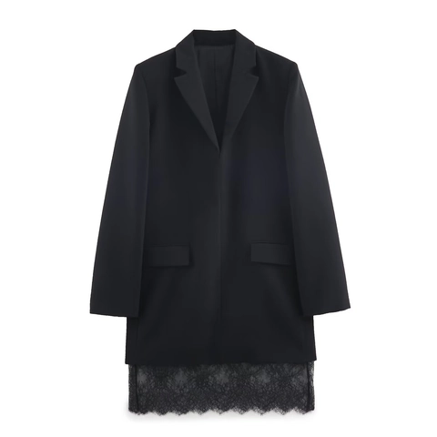Women Blazer Dress Lace Stitching Long Sleeve V Neck Elegant Business Party Formal Solid Black Midi Dress