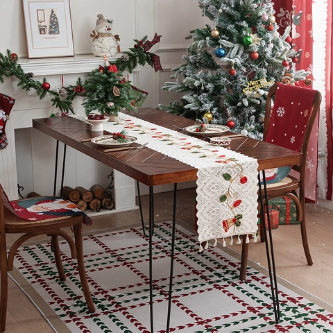 Kerst Tafelloper Kant Polyester Bellen Borduurwerk Kwastjes Vakantie Dineren Feest Decoratie Amerikaanse Stijl Wit