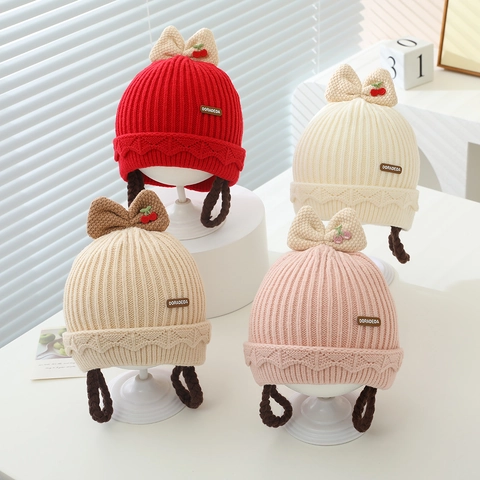 Bonnet Tricoté Pour Bébé Fille Protection Oreilles Hiver Chaud Cerise Nœud Tresses Artificielles Style Princesse