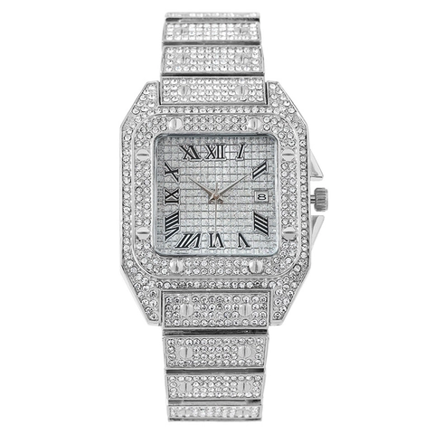 Orologio al Quarzo da Donna di Lusso Quadrato con Strass Cinturino in Metallo Numeri Romani Calendario Orologio da Polso Moda Gioielli