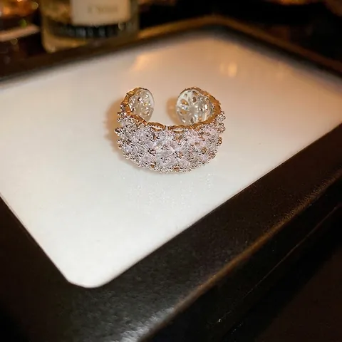 Anillo Abierto Flor Cobre Encaje Hueco Filigrana Banda Ancha Circonita Ajustable Joyería Para Mujer