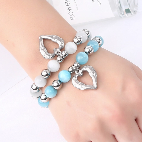 Beaded Bracelet Cat Eye Stone Stainless Steel Heart Pendant Hollow Elastic Sweet Fashion Jewelry Women
