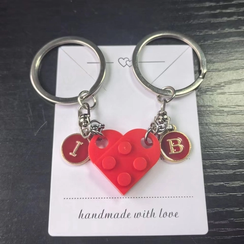 Matching Heart Building Block Keychains With Enamel Letter Charms Plastic Splitting Brick Pendants Gift For Lover Friends