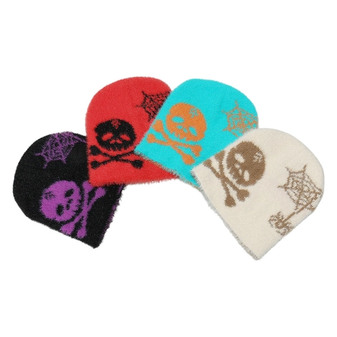 Bonnet Beanie Tricoté Tête De Mort Toile D'araignée Faux Mohair Style Gothique Punk Chaud Hiver Halloween Unisexe