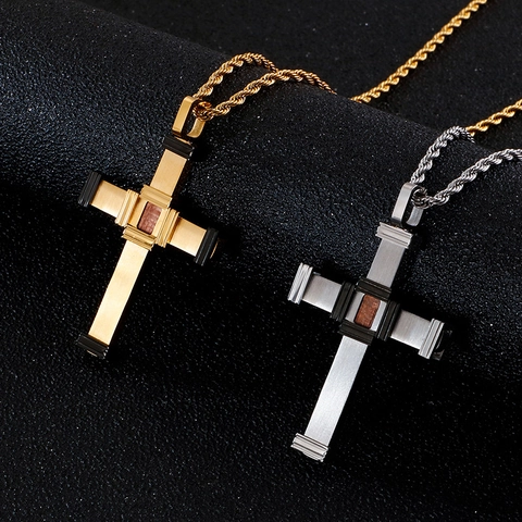 Men Cross Pendant Necklace Stainless Steel Wood Inlay Religious Industrial Style Hip Hop Jewelry