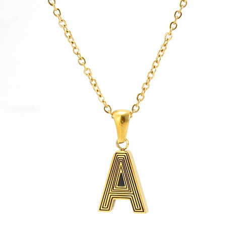 Collar Con Inicial De Acero Inoxidable Chapado En Oro De 18K Colgante De Alfabeto Detalle Rayas Negras Joyería De Moda