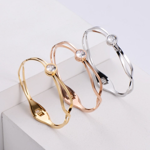 Bracciale Rigido Intrecciato Acciaio Inossidabile Zircone Rotondo Polsino Cerniera Gioielli Minimalisti Regalo Donna