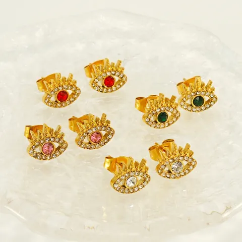 Pendientes De Botón Evil Eye Acero Inoxidable Chapado En Oro 18K Cristal De Circonio Colorido Micro Pavé