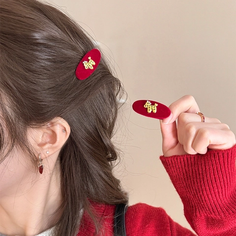 Fermaglio Per Capelli In Velluto Floccato Rosso Con Forcina Per Capelli Vintage In Lega Di Strass Cane Dorato Per Donne