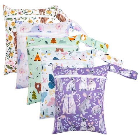 Waterproof Wet Dry Bag Reusable Washable Diaper Storage Pouch With Snap Handle Cartoon Floral Print Travel Organizer